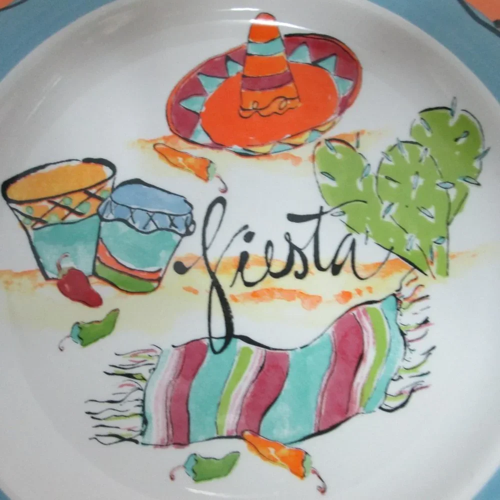 R Table Fiesta ceramic salad dessert plate set 2 Mariachi Cactus Mexican Theme